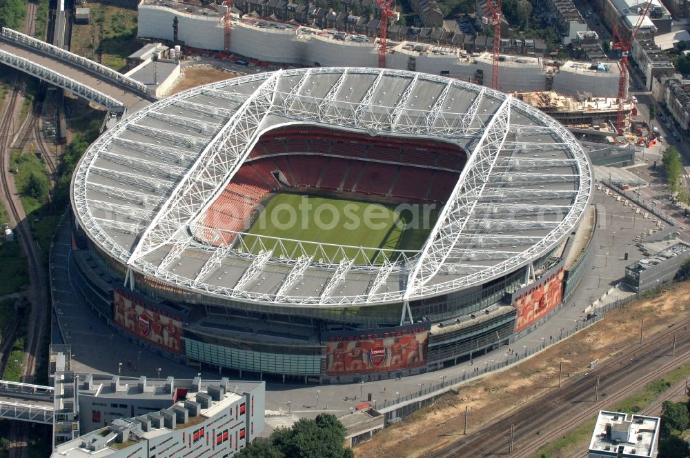 Aerial image London - Sports facility grounds of the Arena stadium Emirates Stadium of Premier League on Hornsey Rd in London in England, United Kingdom