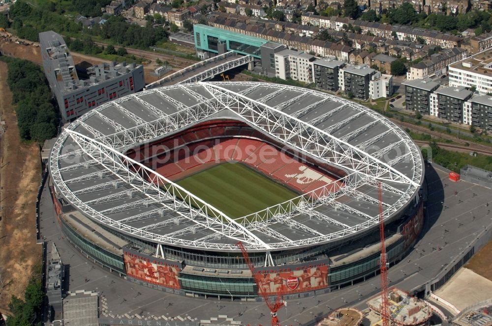 London from above - Sports facility grounds of the Arena stadium Emirates Stadium of Premier League on Hornsey Rd in London in England, United Kingdom