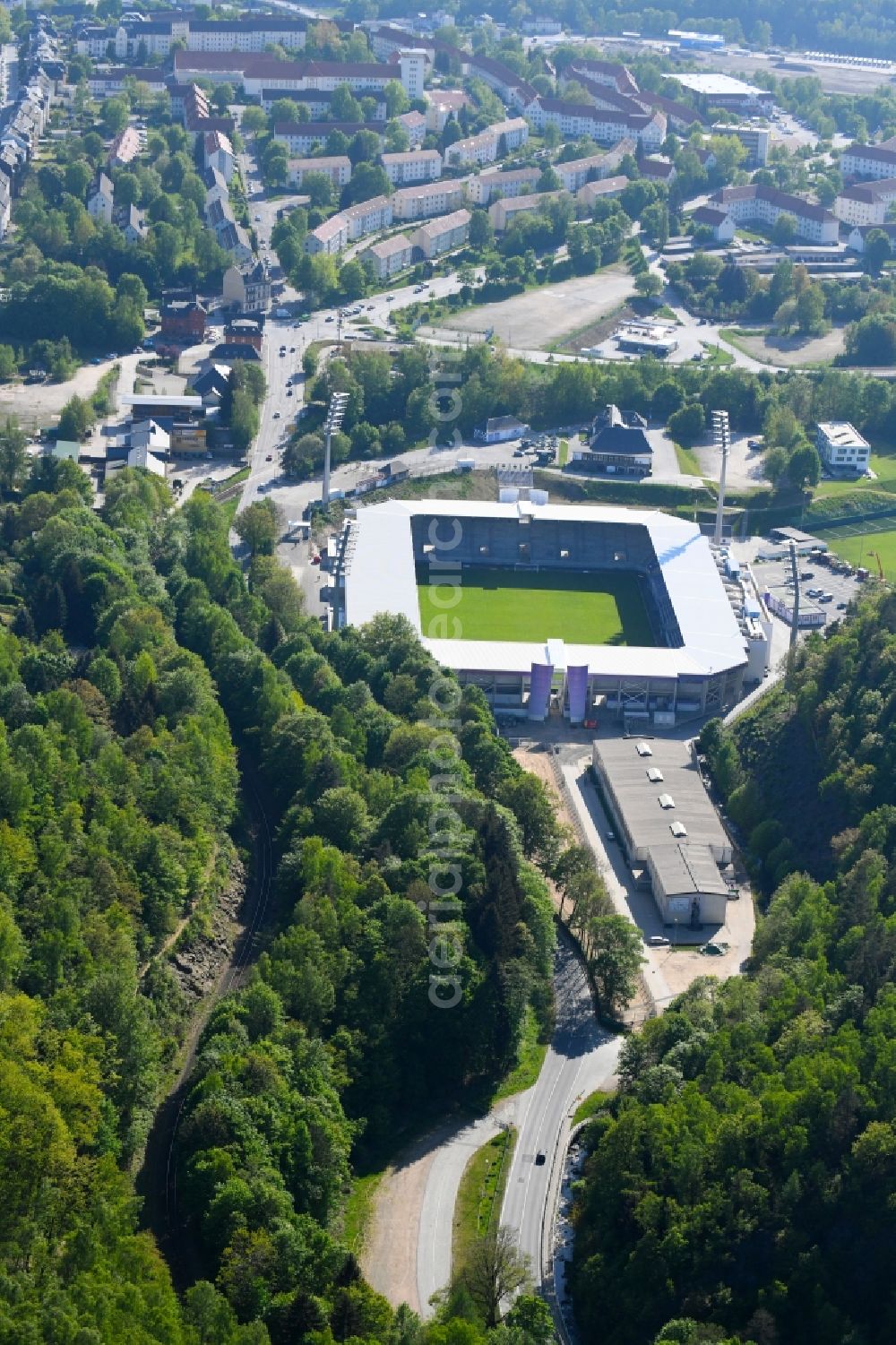 Aerial image Aue - Sports facility grounds of the Arena stadium Erzgebirgsstadion on Loessnitzer Strasse in Aue in the state Saxony, Germany