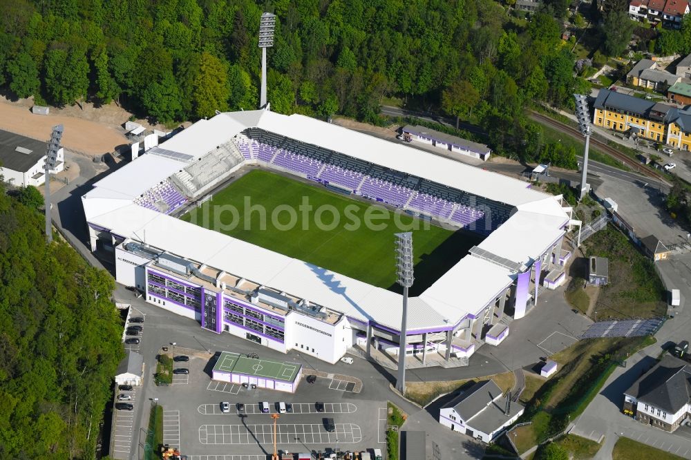 Aue from above - Sports facility grounds of the Arena stadium Erzgebirgsstadion on Loessnitzer Strasse in Aue in the state Saxony, Germany