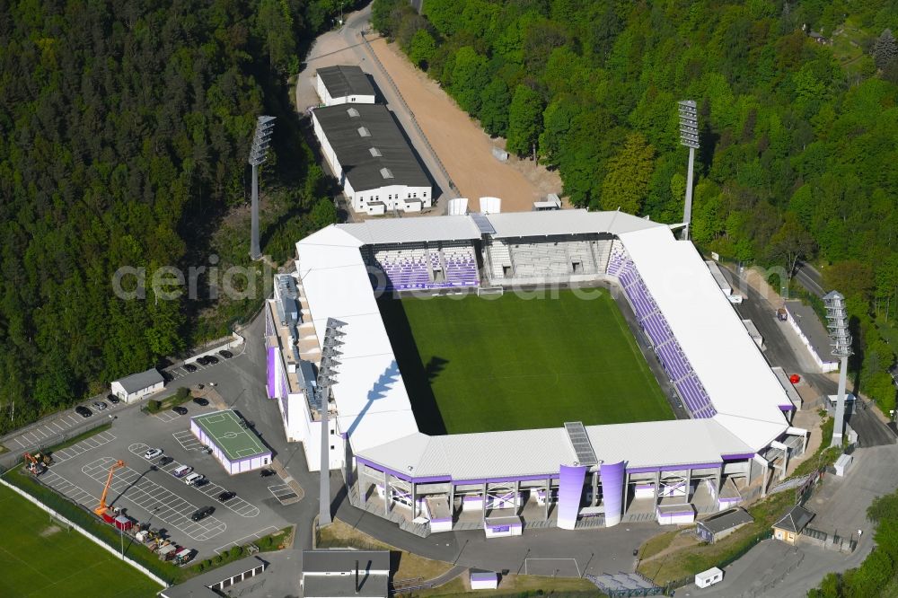 Aue from above - Sports facility grounds of the Arena stadium Erzgebirgsstadion on Loessnitzer Strasse in Aue in the state Saxony, Germany