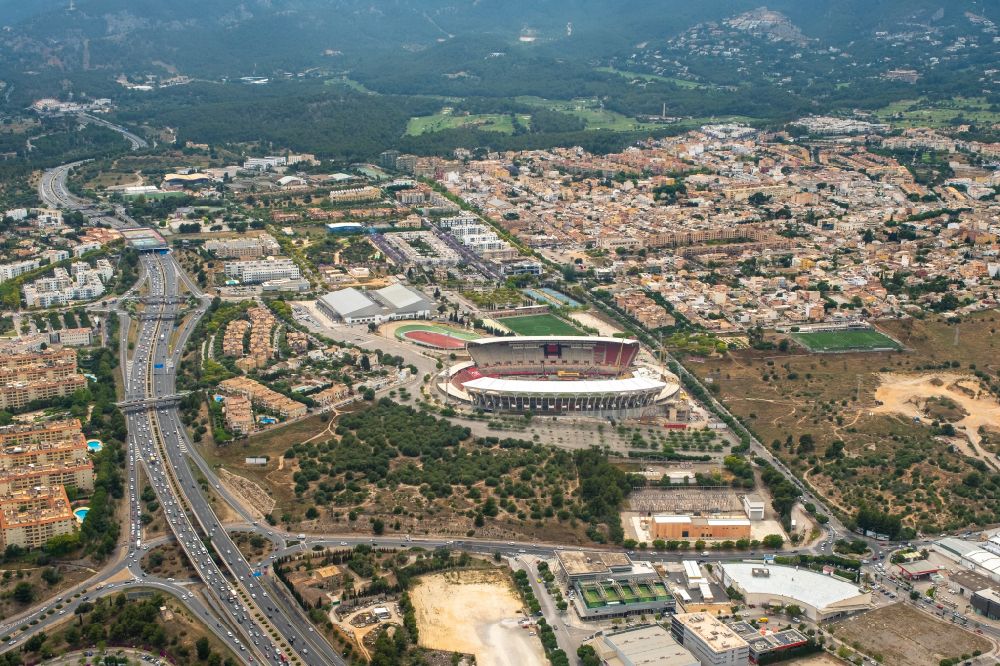 Aerial image Palma - Sports facility grounds of the Arena stadium Estadi de Son Moix in the district Ponent in Palma in Balearische Insel Mallorca, Spain