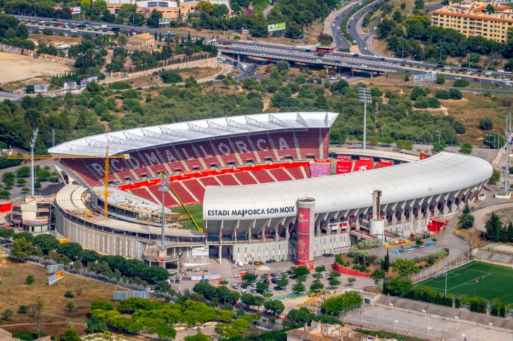 Palma from above - Sports facility grounds of the Arena stadium Estadi de Son Moix in the district Ponent in Palma in Balearische Insel Mallorca, Spain