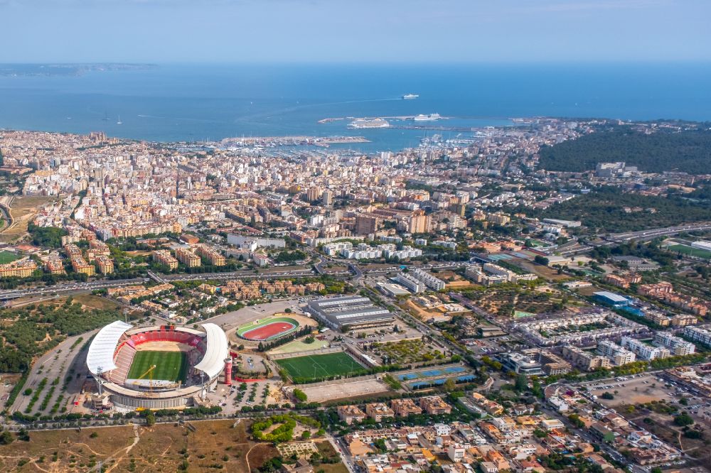 Palma from above - Sports facility grounds of the Arena stadium Estadi de Son Moix in the district Ponent in Palma in Balearische Insel Mallorca, Spain