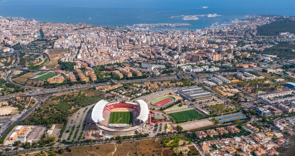 Palma from the bird's eye view: Sports facility grounds of the Arena stadium Estadi de Son Moix in the district Ponent in Palma in Balearische Insel Mallorca, Spain