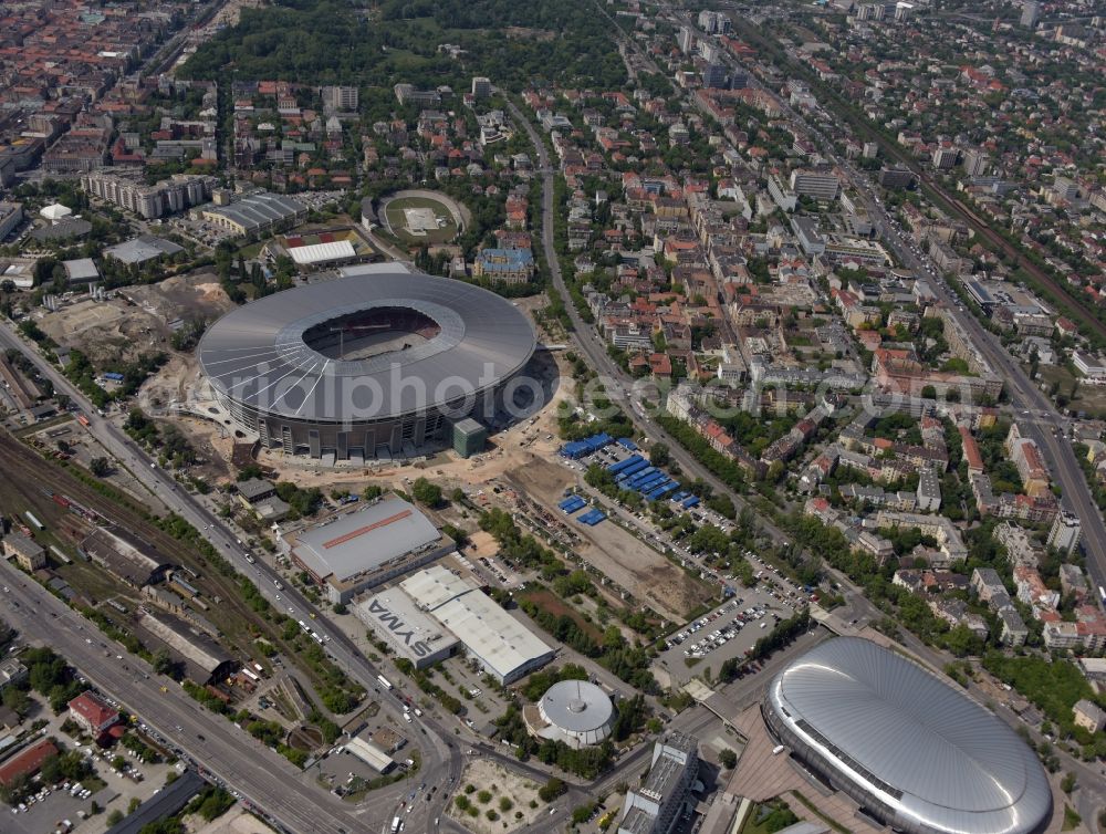 Budapest from the bird's eye view: Sports facility grounds of the Arena stadium Ferenc-Puskas-Stadion in Budapest in Hungary
