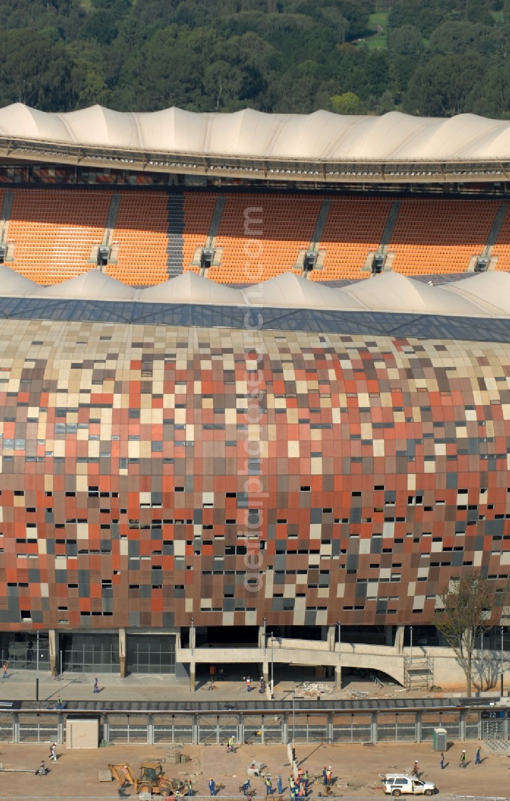 Aerial image Johannesburg - Sports facility grounds of the Arena stadium FNB Stadium/Soccer on City Soccer City Ave in the district Nasrec in Johannesburg South in Gauteng, South Africa