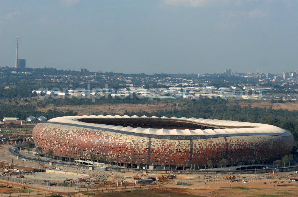 Aerial image Johannesburg - Sports facility grounds of the Arena stadium FNB Stadium/Soccer on City Soccer City Ave in the district Nasrec in Johannesburg South in Gauteng, South Africa