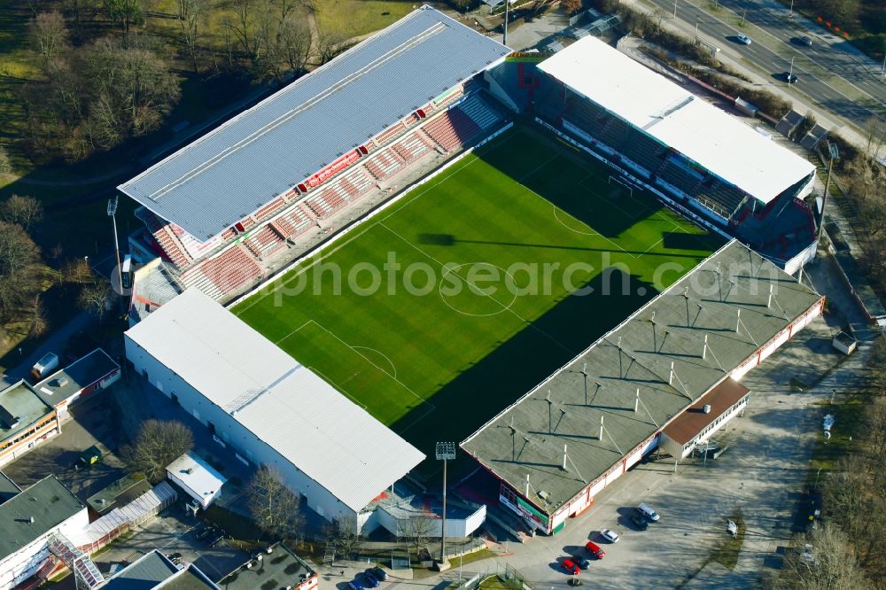 Cottbus from above - Sports facility grounds of the Arena stadium der Freundschaft of club FC Energie in Cottbus in the state Brandenburg