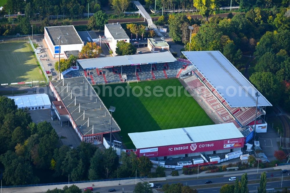 Cottbus from above - Sports facility grounds of the Arena stadium der Freundschaft of club FC Energie in Cottbus in the state Brandenburg