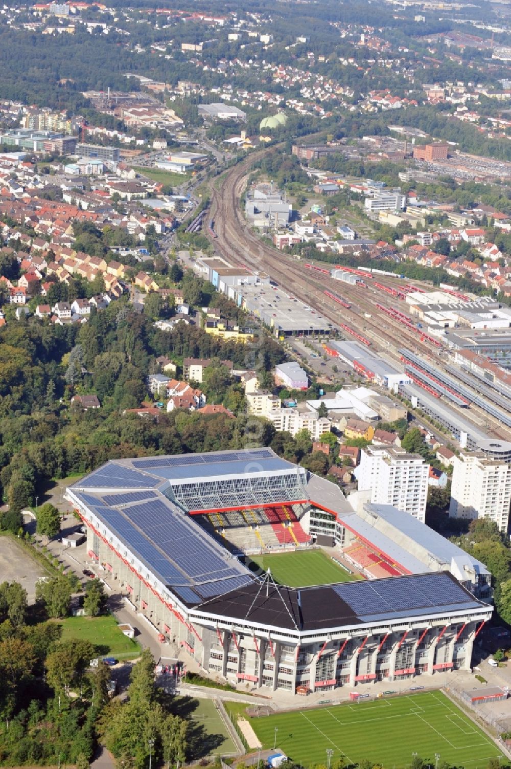 Kaiserslautern from above - Sports facility grounds of the Arena stadium Fritz-Walter-Stadion in destrict Betzenberg on Fritz-Walter-Strasse in Kaiserslautern in the state Rhineland-Palatinate, Germany