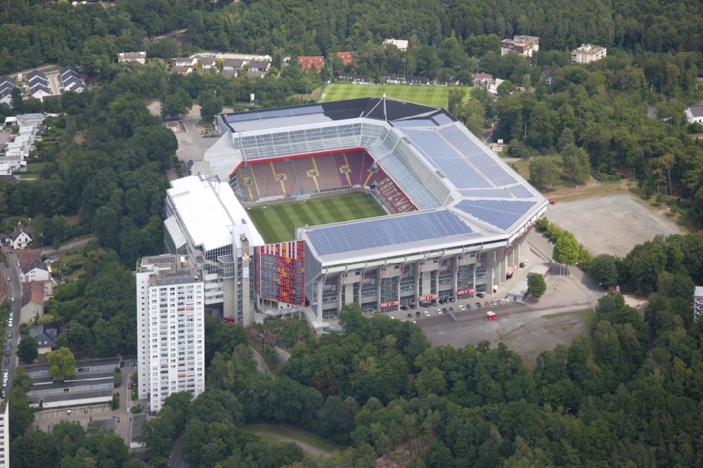 Kaiserslautern from the bird's eye view: Sports facility grounds of the Arena stadium Fritz-Walter-Stadion in destrict Betzenberg on Fritz-Walter-Strasse in Kaiserslautern in the state Rhineland-Palatinate, Germany