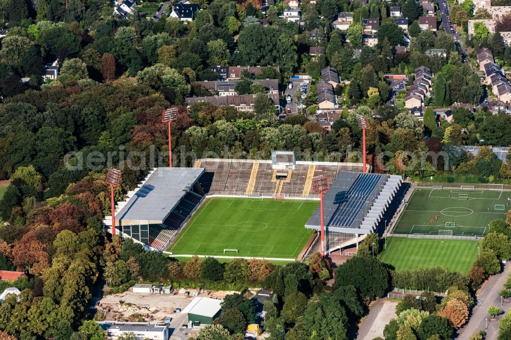 Krefeld from the bird's eye view: Sports facility grounds of the Arena stadium Grotenburg-Stadion on the Tiergartenstrasse in Krefeld in the state North Rhine-Westphalia