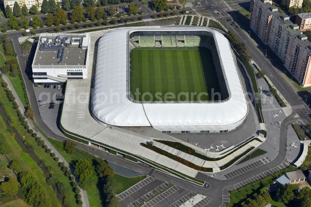 Aerial image Szombathely - Sports facility grounds of the Arena stadium Haladas Sportkomplexum on Rohonci A?t in Szombathely in Vas, Hungary