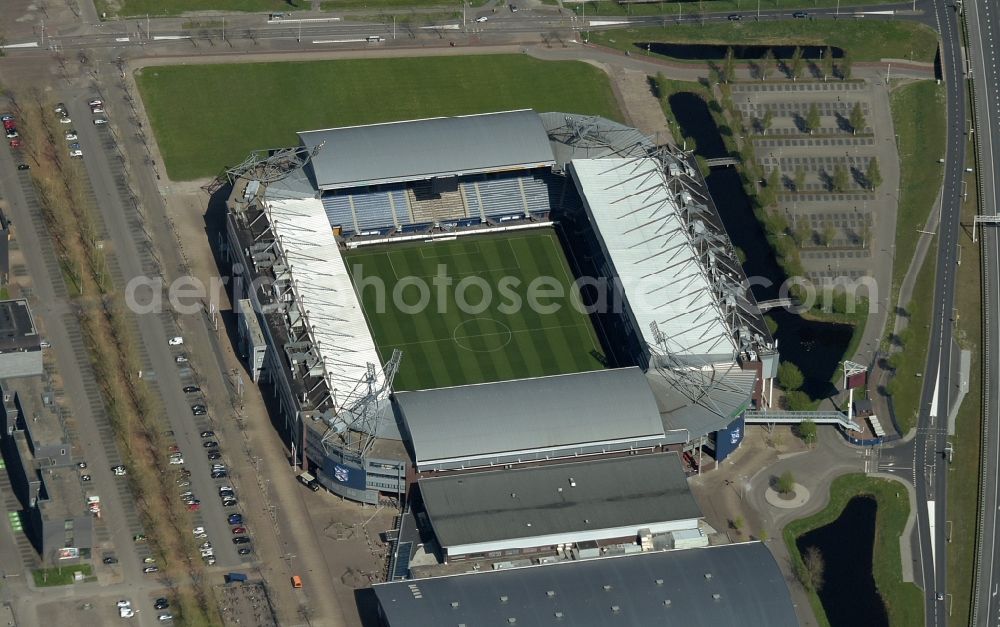 Heerenveen from the bird's eye view: Sports facility grounds of the Arena stadium Abe Lenstra Stadion on Abe Lenstra Blvd in Heerenveen in Friesland, Netherlands