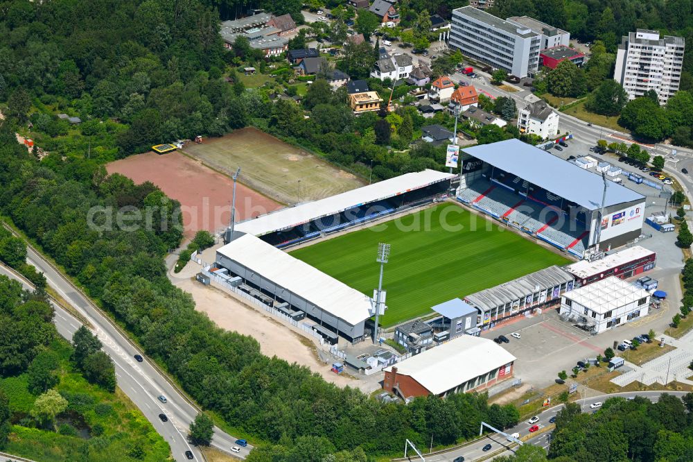 Kiel from the bird's eye view: Sports facility grounds of the Arena stadium Holstein-Stadion on Westring in the district Wik in Kiel in the state Schleswig-Holstein, Germany