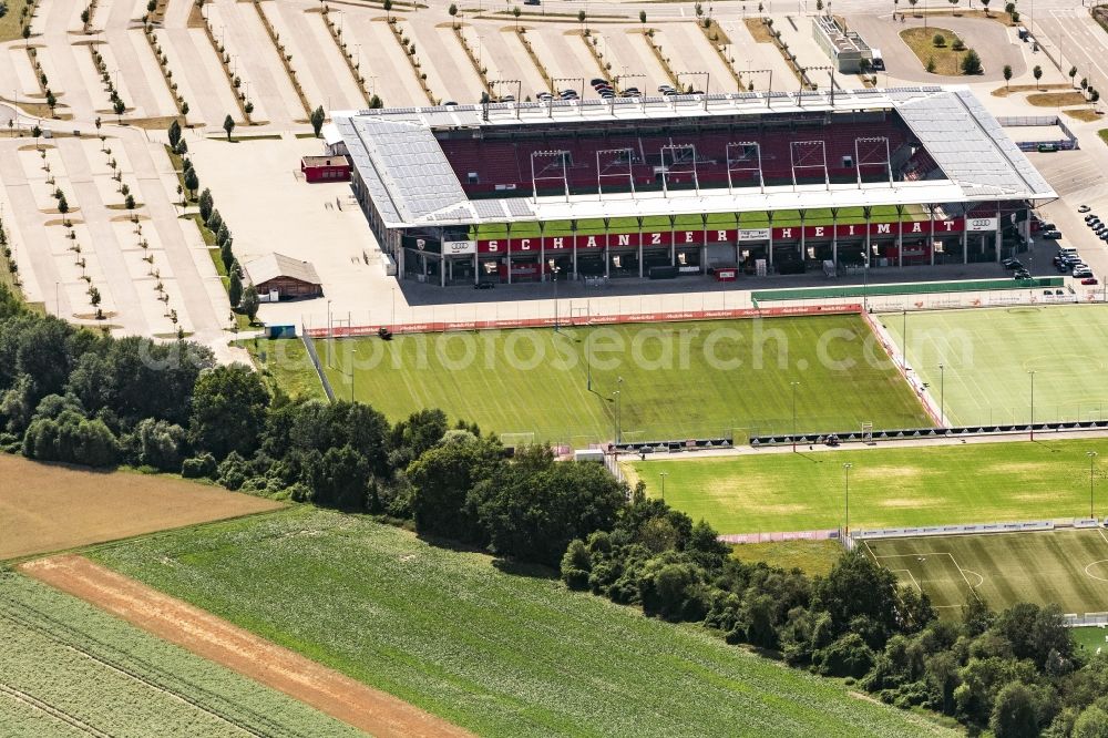 Ingolstadt from the bird's eye view: Sports facility grounds of the Arena stadium Audi Sportpark in Ingolstadt in the state Bavaria. The stadium is the home ground of the FC Ingolstadt 04