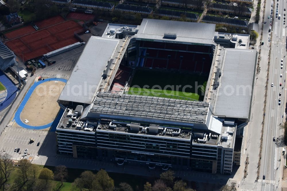 Aerial photograph Kopenhagen - Sports facility grounds of the Arena stadium F.C. Kobenhavn on Per Henrik Lings Alle in Copenhagen in Region Hovedstaden, Denmark
