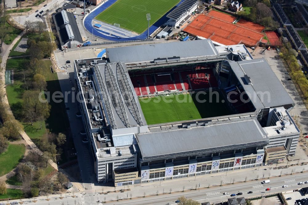 Aerial image Kopenhagen - Sports facility grounds of the Arena stadium F.C. Kobenhavn on Per Henrik Lings Alle in Copenhagen in Region Hovedstaden, Denmark