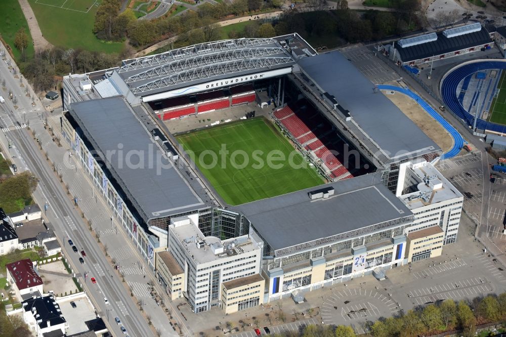 Aerial image Kopenhagen - Sports facility grounds of the Arena stadium F.C. Kobenhavn on Per Henrik Lings Alle in Copenhagen in Region Hovedstaden, Denmark