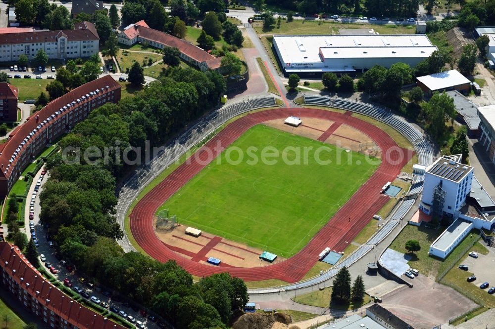 Schwerin from the bird's eye view: Sports facility grounds of the Arena stadium Lambrechtsgrund on Wittenburger Strasse in Schwerin in the state Mecklenburg - Western Pomerania, Germany