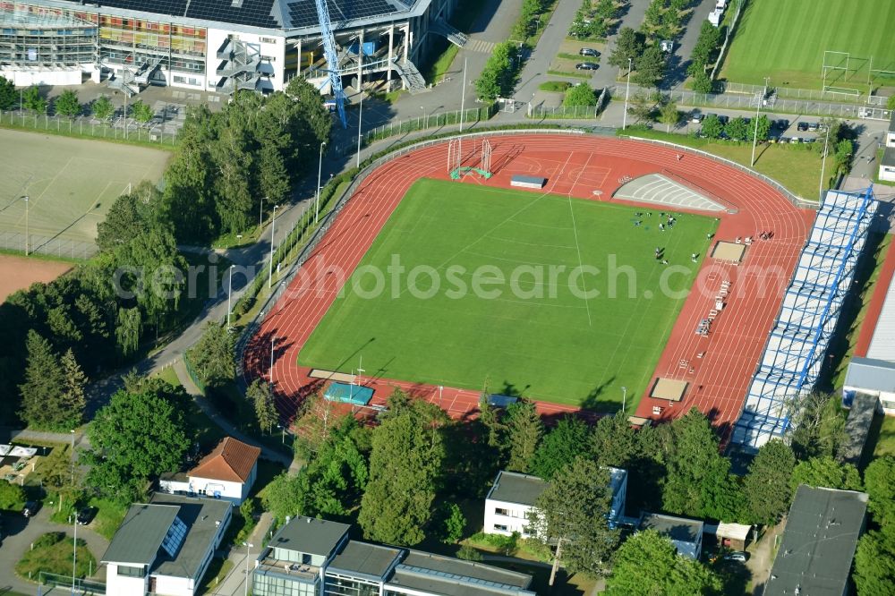 Rostock from above - Sports site area of the arena of the stadium of the 1st athletics association Rostock inc. in Rostock in the federal state Mecklenburg-West Pomerania, Germany