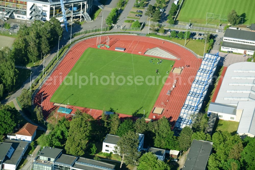 Rostock from the bird's eye view: Sports site area of the arena of the stadium of the 1st athletics association Rostock inc. in Rostock in the federal state Mecklenburg-West Pomerania, Germany