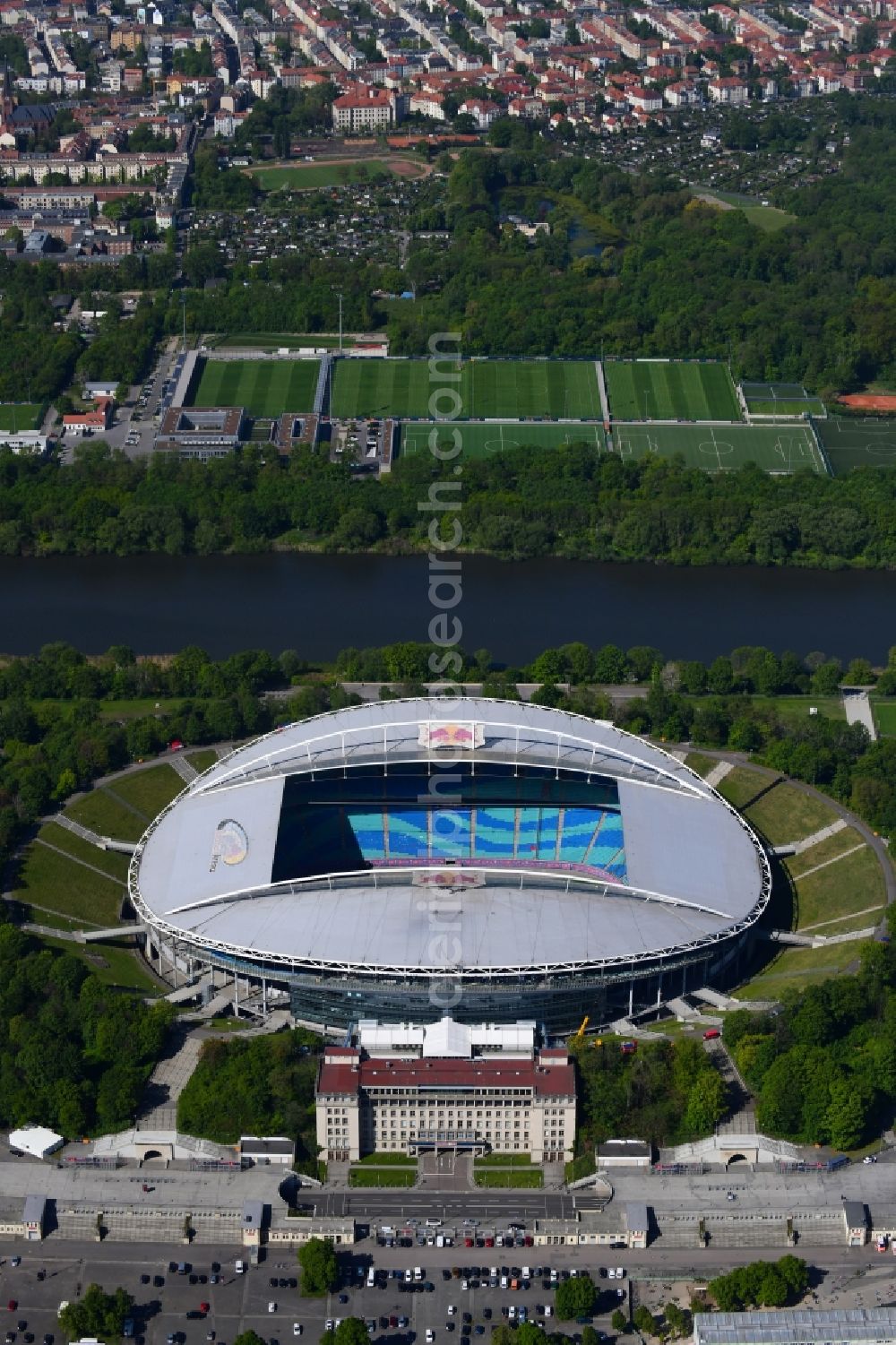 Leipzig from the bird's eye view: Sports facility grounds of the Arena stadium Red Bull Arena Am Sportforum in Leipzig in the state Saxony