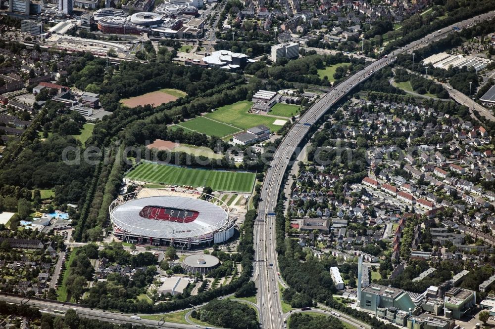Aerial image Leverkusen - Sports facility grounds of the Arena stadium BayArena on Bismarckstrasse in Leverkusen in the state North Rhine-Westphalia