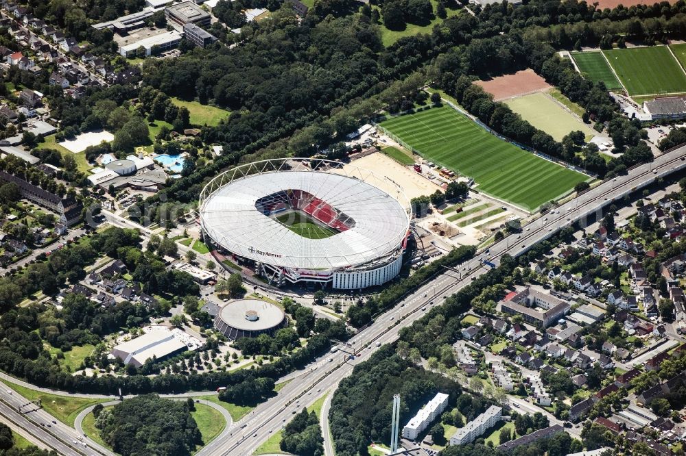 Leverkusen from above - Sports facility grounds of the Arena stadium BayArena on Bismarckstrasse in Leverkusen in the state North Rhine-Westphalia