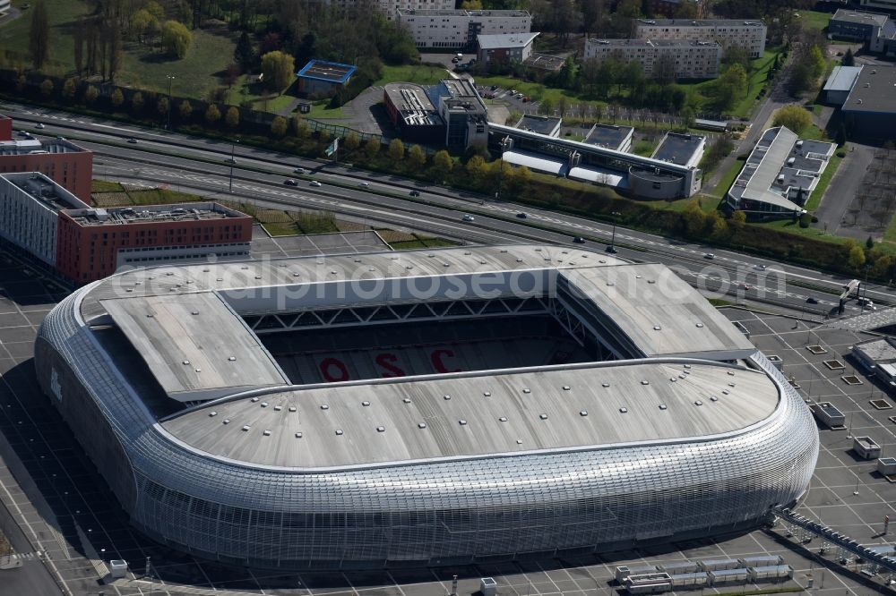 Aerial image Lille - Sports facility grounds of the arena of the stadium Stade Pierre-Mauroy before European Football Championship Euro 2016 destrict Villeneuve-d'Ascq in Lille in Nord-Pas-de-Calais Picardy, France. The building was by the Eiffage group designed by the architect Valode et Pistre architectes and Accueil - Atelier Ferret Architectures