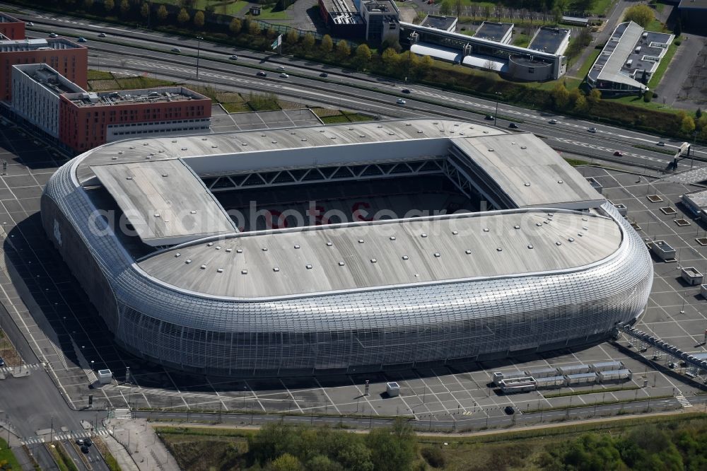 Aerial photograph Lille - Sports facility grounds of the arena of the stadium Stade Pierre-Mauroy before European Football Championship Euro 2016 destrict Villeneuve-d'Ascq in Lille in Nord-Pas-de-Calais Picardy, France. The building was by the Eiffage group designed by the architect Valode et Pistre architectes and Accueil - Atelier Ferret Architectures