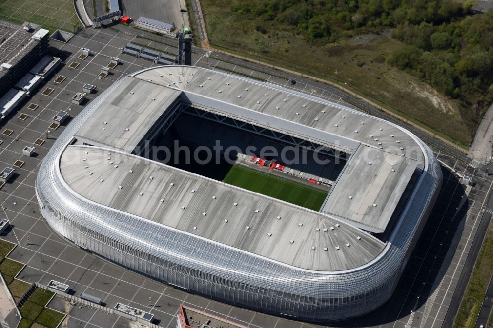 Lille from the bird's eye view: Sports facility grounds of the arena of the stadium Stade Pierre-Mauroy before European Football Championship Euro 2016 destrict Villeneuve-d'Ascq in Lille in Nord-Pas-de-Calais Picardy, France. The building was by the Eiffage group designed by the architect Valode et Pistre architectes and Accueil - Atelier Ferret Architectures