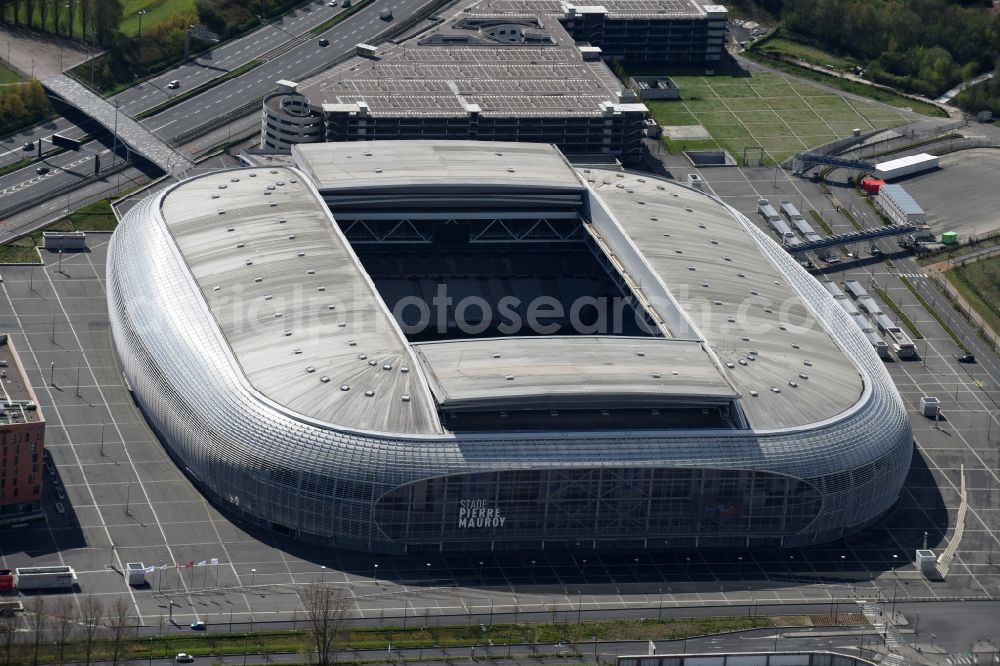Aerial image Lille - Sports facility grounds of the arena of the stadium Stade Pierre-Mauroy before European Football Championship Euro 2016 destrict Villeneuve-d'Ascq in Lille in Nord-Pas-de-Calais Picardy, France. The building was by the Eiffage group designed by the architect Valode et Pistre architectes and Accueil - Atelier Ferret Architectures