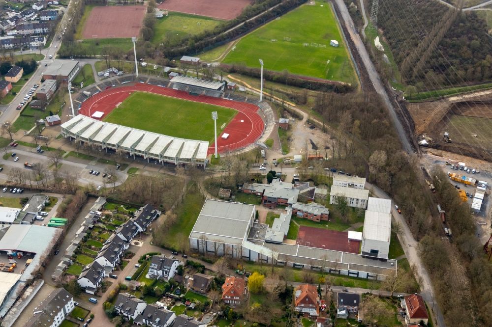 Bochum from the bird's eye view: Sports facility grounds of the Arena stadium Lohrheidestadion in the district Wattenscheid in Bochum in the state North Rhine-Westphalia