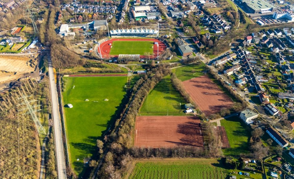 Aerial photograph Bochum - Sports facility grounds of the Arena stadium Lohrheidestadion in the district Wattenscheid in Bochum in the state North Rhine-Westphalia