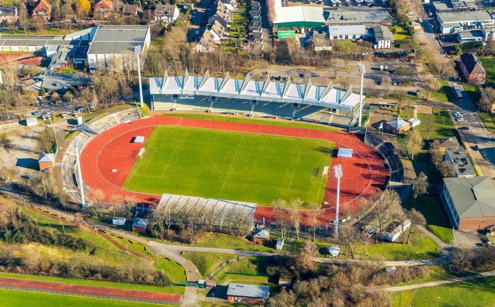 Bochum from above - Sports facility grounds of the Arena stadium Lohrheidestadion in the district Wattenscheid in Bochum in the state North Rhine-Westphalia