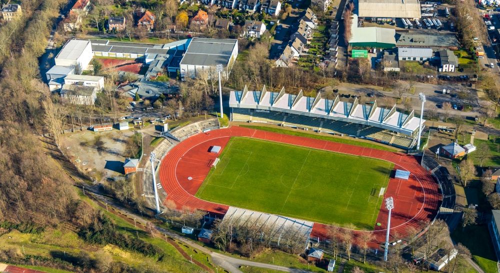 Bochum from the bird's eye view: Sports facility grounds of the Arena stadium Lohrheidestadion in the district Wattenscheid in Bochum in the state North Rhine-Westphalia