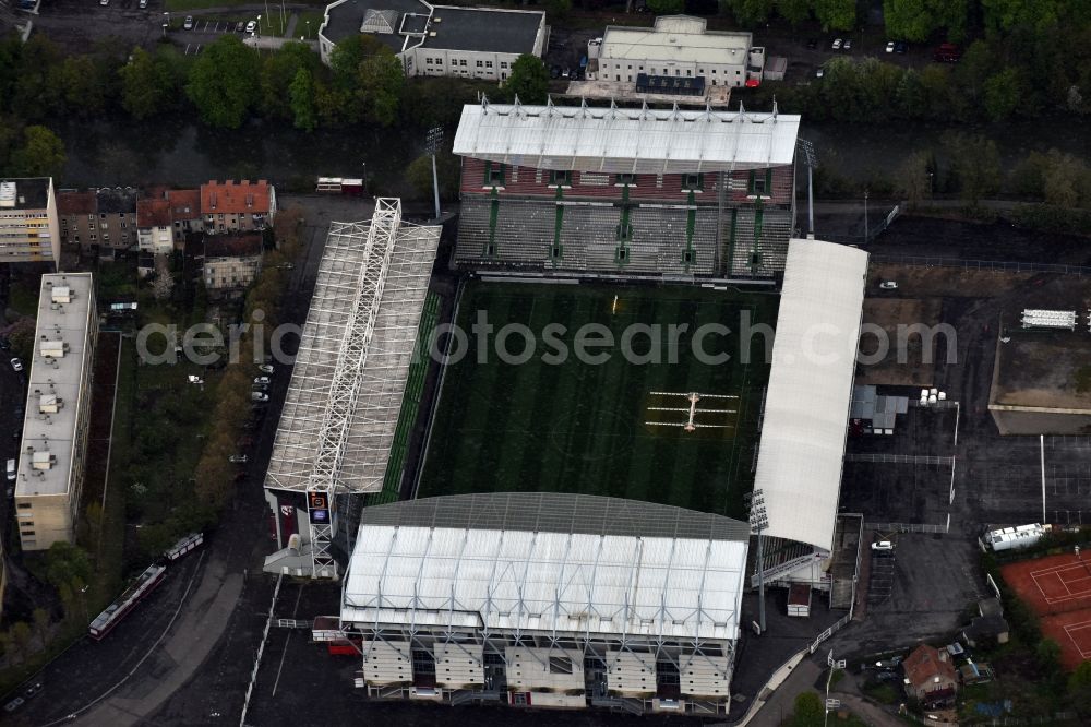 Aerial image Longeville-lès-Metz - Sports facility grounds of the Arena stadium Stade Saint-Symphorien Metz in Longeville-lA?s-Metz in Alsace-Champagne-Ardenne-Lorraine, France