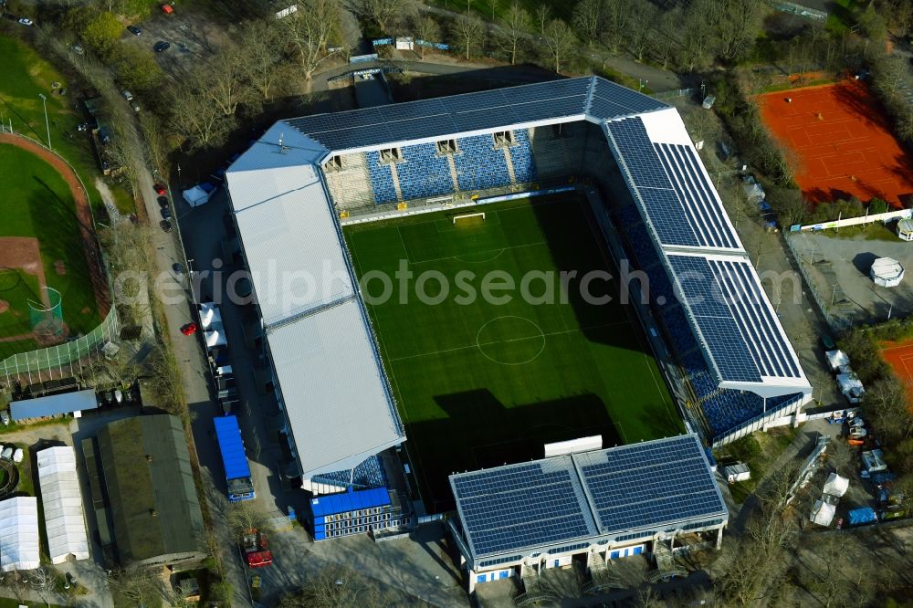 Aerial image Mannheim - Sports facility grounds of the Arena stadium Carl-Benz-Stadion in Mannheim in the state Baden-Wurttemberg. This stadium is home ground of the SV Waldhof Mannheim 07