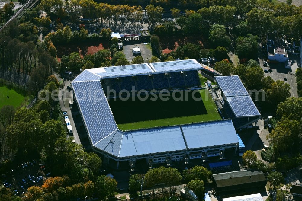 Mannheim from the bird's eye view: Sports facility grounds of the Arena stadium Carl-Benz-Stadion in Mannheim in the state Baden-Wurttemberg. This stadium is home ground of the SV Waldhof Mannheim 07