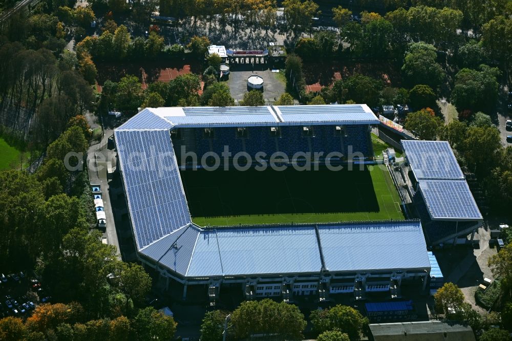 Mannheim from above - Sports facility grounds of the Arena stadium Carl-Benz-Stadion in Mannheim in the state Baden-Wurttemberg. This stadium is home ground of the SV Waldhof Mannheim 07