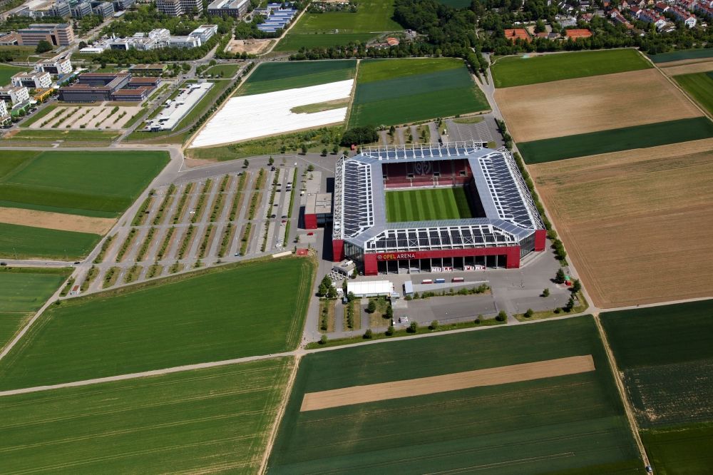 Aerial photograph Mainz - Sports facility grounds of the arena of the stadium OPEL ARENA (former name Coface Arena) on Eugen-Salomon-Strasse in Mainz in the state Rhineland-Palatinate, Germany