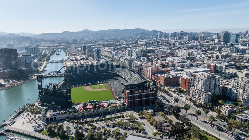 Aerial photograph San Francisco - Sports facility grounds of the Arena stadium Oracle Park on street Willie Mays Plaza in San Francisco in California, United States of America
