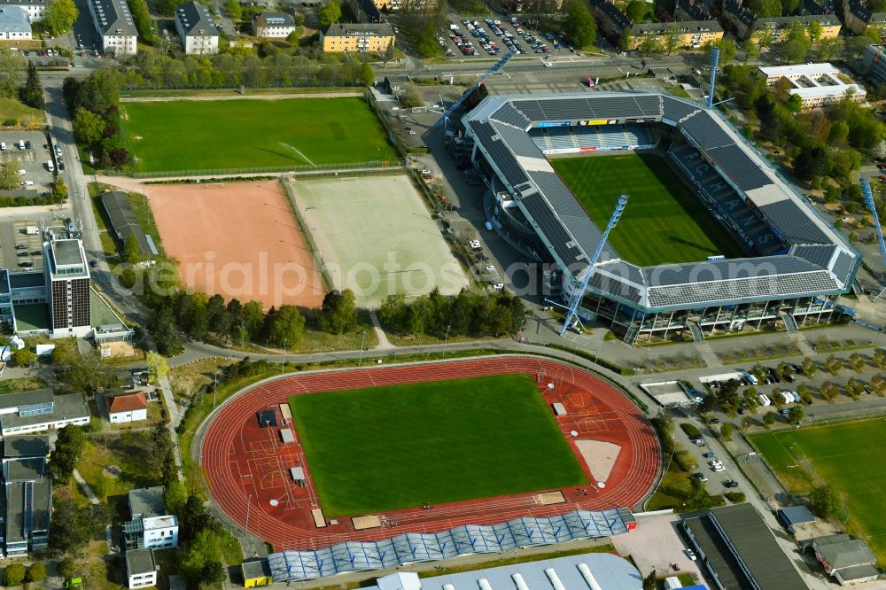 Rostock from the bird's eye view: Sports facility grounds of the Arena stadium Ostseestadion (vormals DKB - Arena) in the district Hansaviertel in Rostock in the state Mecklenburg - Western Pomerania, Germany