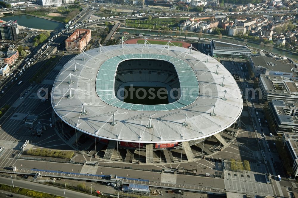 Paris Saint-Denis from the bird's eye view: Sports facility grounds of the arena of the Stade de France before the European Football Championship Euro 2016 in Paris -Saint-Denis in Ile-de-France, France