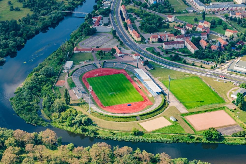 Dessau from the bird's eye view: Sports facility grounds of the Arena stadium Paul-Greifzu-Stadion at Mulde River in Dessau in the state Saxony-Anhalt, Germany