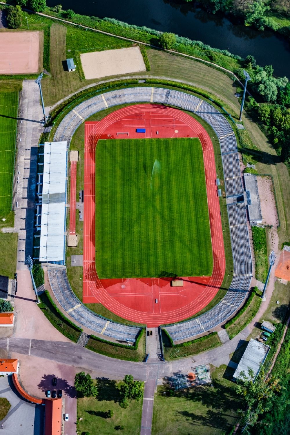 Aerial image Dessau - Sports facility grounds of the Arena stadium Paul-Greifzu-Stadion at Mulde River in Dessau in the state Saxony-Anhalt, Germany