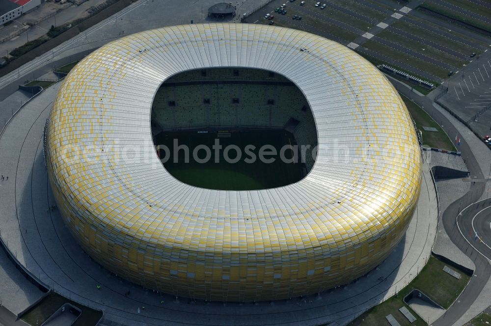 Gdansk - Danzig from the bird's eye view: Sports facility grounds of the Arena stadium PGE Arena - Parking Stadionu Energa in the district Letnica in Gdansk - Danzig in Pomorskie, Poland
