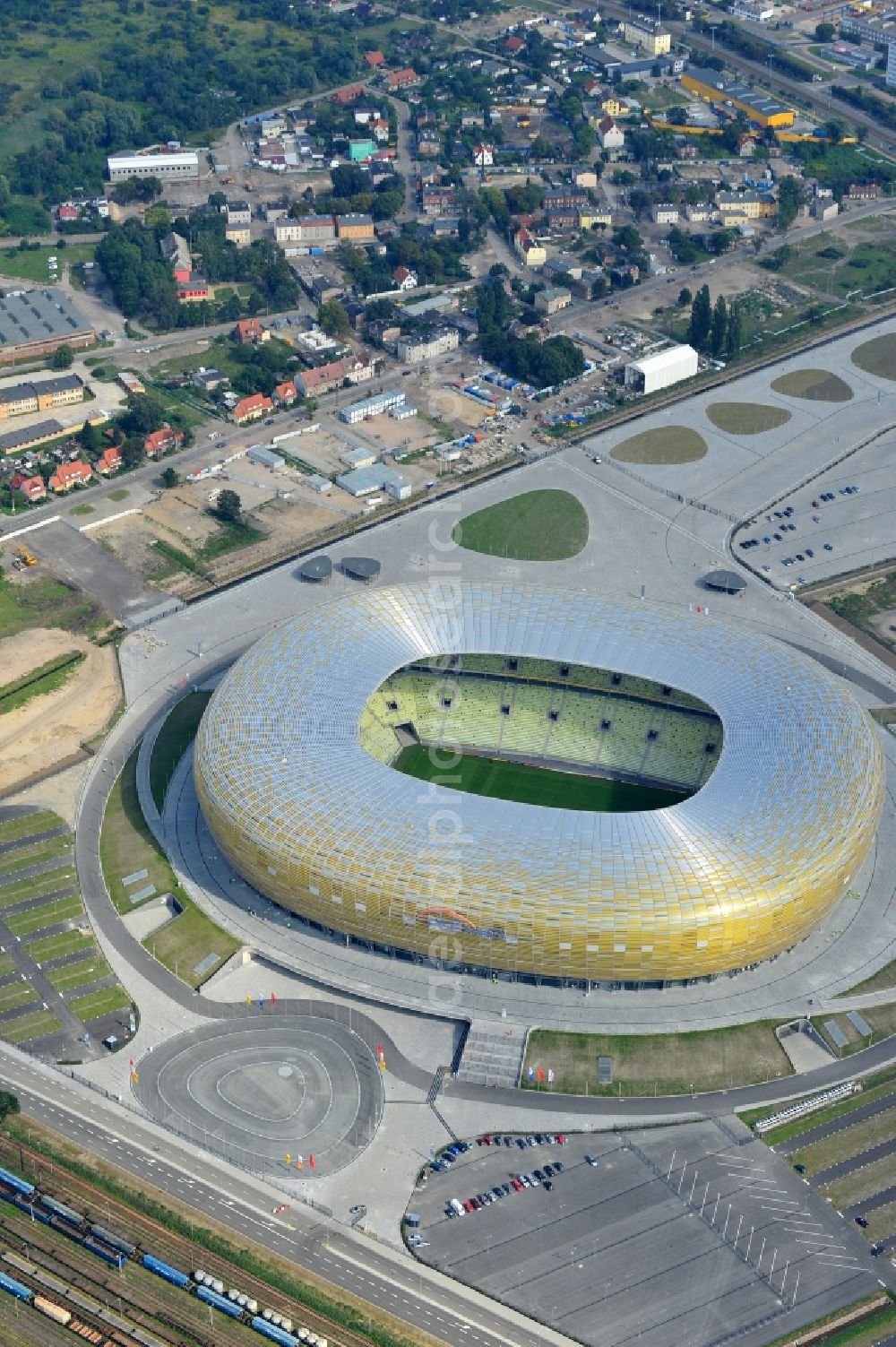 Gdansk - Danzig from above - Sports facility grounds of the Arena stadium PGE Arena - Parking Stadionu Energa in the district Letnica in Gdansk - Danzig in Pomorskie, Poland